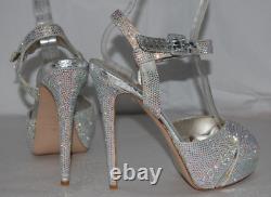 8? Le Silla Silver Crystal Satin Limited Edition High Heels Platform Sandals