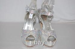 8? Le Silla Silver Crystal Satin Limited Edition High Heels Platform Sandals