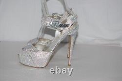 8? Le Silla Silver Crystal Satin Limited Edition High Heels Platform Sandals