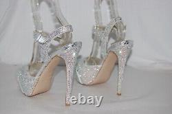 8? Le Silla Silver Crystal Satin Limited Edition High Heels Platform Sandals