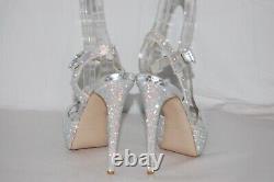 8? Le Silla Silver Crystal Satin Limited Edition High Heels Platform Sandals