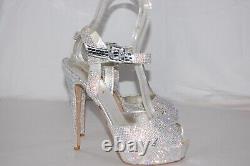 8? Le Silla Silver Crystal Satin Limited Edition High Heels Platform Sandals