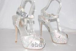 8? Le Silla Silver Crystal Satin Limited Edition High Heels Platform Sandals