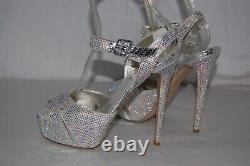 8? Le Silla Silver Crystal Satin Limited Edition High Heels Platform Sandals