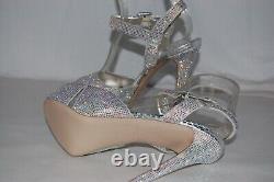 8? Le Silla Silver Crystal Satin Limited Edition High Heels Platform Sandals