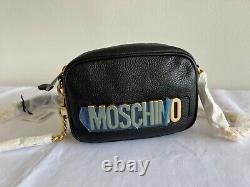 AW20 Moschino Couture J Scott BLACK LEATHER SHOULDER BAG WITH GOLD LOGO & CHAINS