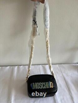 AW20 Moschino Couture J Scott BLACK LEATHER SHOULDER BAG WITH GOLD LOGO & CHAINS