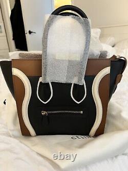 Authentic Celine Micro Luggage Tri-Color Black/Tan/Cream Leather Tote Bag $3600