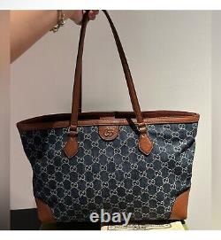 Authentic New GUCCI OPHIDIA 631685 Blue/Brown GG Denim Canvas Shoulder Tote Bag