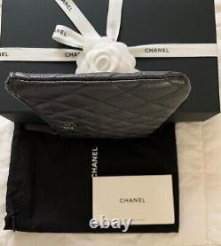 Chanel 2.55 Black Metallic Graphite O-case Zip Cosmetic Pouch Clutch Sheepskin