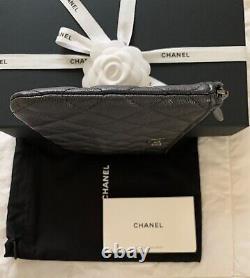 Chanel 2.55 Black Metallic Graphite O-case Zip Cosmetic Pouch Clutch Sheepskin