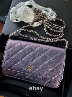Chanel 22p Dark Blue Iridescent Wallet On Chain Woc With Light Gold Hardware