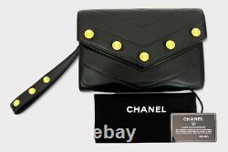 Chanel Chevron Flap Clutch / Wristlet In Black Lambskin, New, Retail $4,000