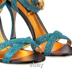 DOLCE & GABBANA Shiny Heels Sandals with Crystals Heart Buckle Azure Blue 09046