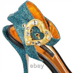 DOLCE & GABBANA Shiny Heels Sandals with Crystals Heart Buckle Azure Blue 09046