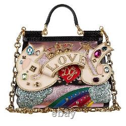 DOLCE & GABBANA Snakeskin Crystals Glitter Bag SICILY Love Logo Black Pink 09909