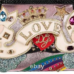 DOLCE & GABBANA Snakeskin Crystals Glitter Bag SICILY Love Logo Black Pink 09909