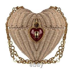 DOLCE & GABBANA Woven Painted Crossbody Clutch Bag HEART BOX w Chain Beige 11037