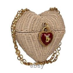 DOLCE & GABBANA Woven Painted Crossbody Clutch Bag HEART BOX w Chain Beige 11037