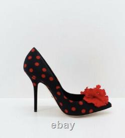 Dolce & Gabbana Bellucci Silk Red & Black Polka Dot Pumps W Flower Sz 36.5 NEW