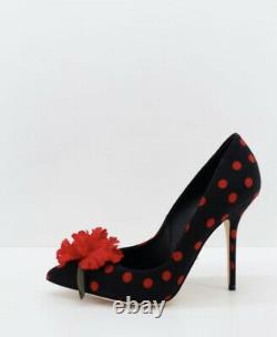 Dolce & Gabbana Bellucci Silk Red & Black Polka Dot Pumps W Flower Sz 36.5 NEW