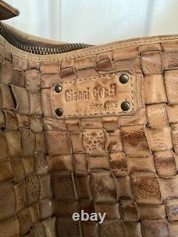 GIANNI CONTI Italian Woven Cognac Brown Leather 2 Strap Zipper Tote Bag 12x13x5