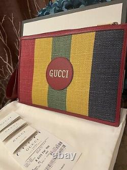 HOT! Authentic Gucci 625602 Gucci Logo Striped Wristlet, Pouch, Clutch Bag NIB