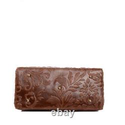 Italian chocolate brown tooled calf leather satchel handbag, smaller version