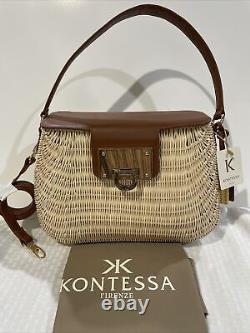 Kontessa Italian Hand Woven Rattan Picnic Satchel Gold/tan Color Handbag Leather