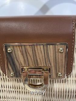 Kontessa Italian Hand Woven Rattan Picnic Satchel Gold/tan Color Handbag Leather