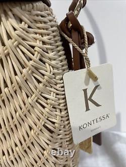 Kontessa Italian Hand Woven Rattan Picnic Satchel Gold/tan Color Handbag Leather