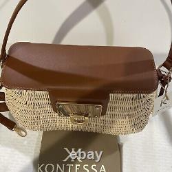 Kontessa Italian Hand Woven Rattan Picnic Satchel Gold/tan Color Handbag Leather