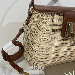 Kontessa Italian Hand Woven Rattan Picnic Satchel Gold/tan Color Handbag Leather