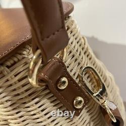 Kontessa Italian Hand Woven Rattan Picnic Satchel Gold/tan Color Handbag Leather