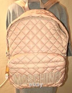 NEW Moschino Large Nylon Quilted Logo Blush Pink Backpack Leather Trim Italy