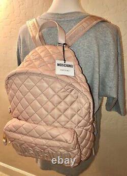 NEW Moschino Large Nylon Quilted Logo Blush Pink Backpack Leather Trim Italy