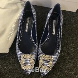 NIB Manolo Blahnik Hangisi Limited Edition Blue White Gingham Jeweled Flats 40