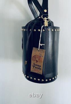 NWT ANNA PAOLA Black Studded Italian Leather Bucket Bag Crossbody Purse Nicole