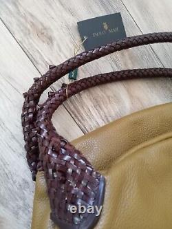 NWT PAOLO MASI ITALY Handbag Soft Pebbled Leather Large Olive Woven Handles $495
