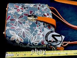 NWT Valentina ITALY Gray FLORAL Pebbled Brown Tan Leather Bucket Crossbody Bag