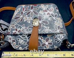 NWT Valentina ITALY Gray FLORAL Pebbled Brown Tan Leather Bucket Crossbody Bag