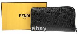 New Fendi Ff Print Black Gray Leather Continental Zip Around Clutch Bag
