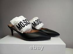 Nib Moschino Black Leather Pumps Clear Logo Pointed Toe Kitten Heel Sz 37 $595