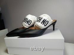Nib Moschino Black Leather Pumps Clear Logo Pointed Toe Kitten Heel Sz 37 $595