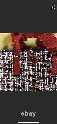 PRADA Logo Tweed Bag Handbag Purse Cotton Knit Red White Blue Authentic Designer