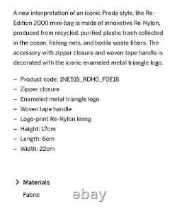 Prada Mini Nylon Re-edition 2000 Bag Rosa! NWT Dust bag, Cards