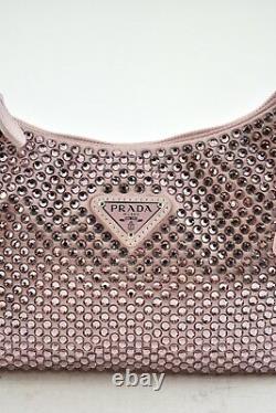 Prada Re-Edition 2000 Pink Satin Crystal Nylon Shoulder Top Handle Mini Hobo Bag