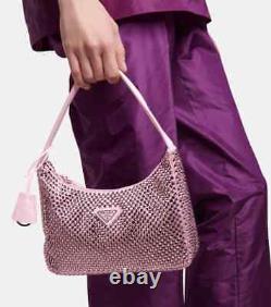 Prada Re-Edition 2000 Pink Satin Crystal Nylon Shoulder Top Handle Mini Hobo Bag