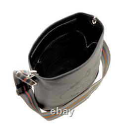 Prada Vitello Phenix Black Leather Stripe Strap Bucket Bag 1BE057