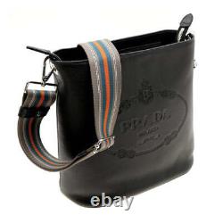 Prada Vitello Phenix Black Leather Stripe Strap Bucket Bag 1BE057